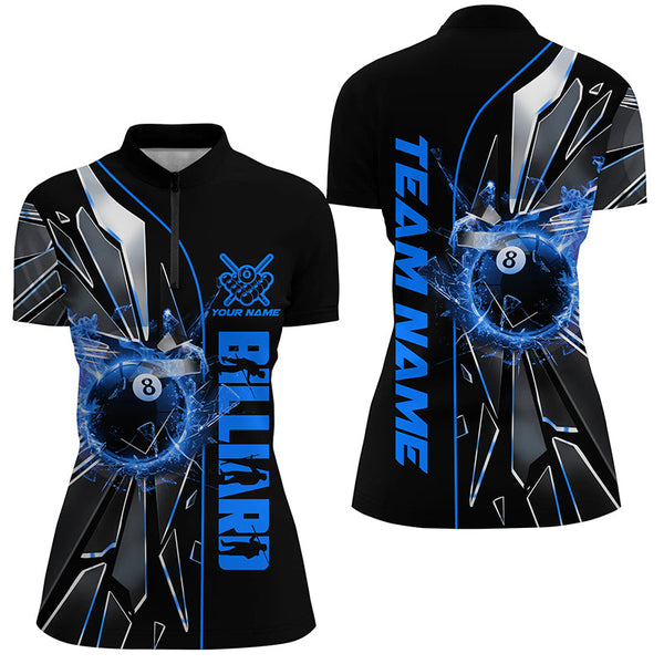 Personalized Blue Glass Crack 8 Ball Billiard Women Polo & Quarter-Zip Shirts, 8 Ball Pool Jerseys TDM1735
