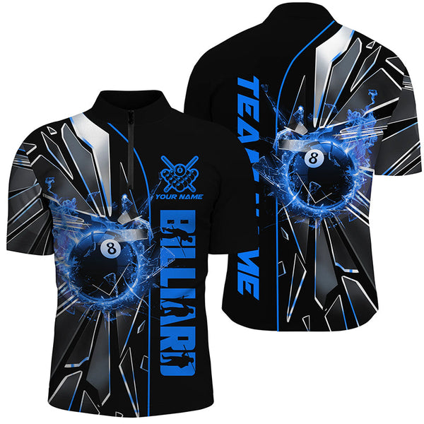 Personalized Blue Glass Crack 8 Ball Billiard Men Polo & Quarter-Zip Shirts, 8 Ball Pool Jerseys TDM1735