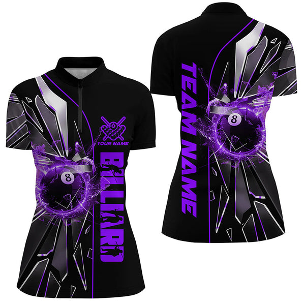 Personalized Purple Glass Crack 8 Ball Billiard Women Polo & Quarter-Zip Shirts, 8 Ball Pool Jerseys TDM1736