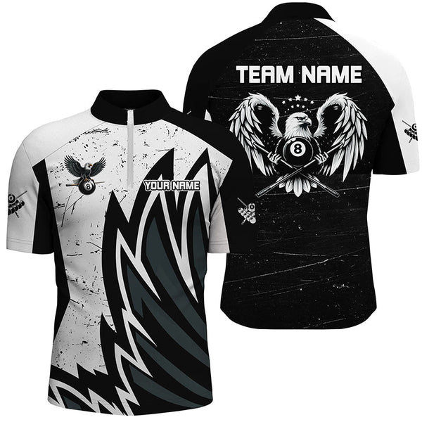Personalized Grunge Black White Eagle Wings Billiard Shirts For Men, Billiard Jersey Short Sleeves TDM2446
