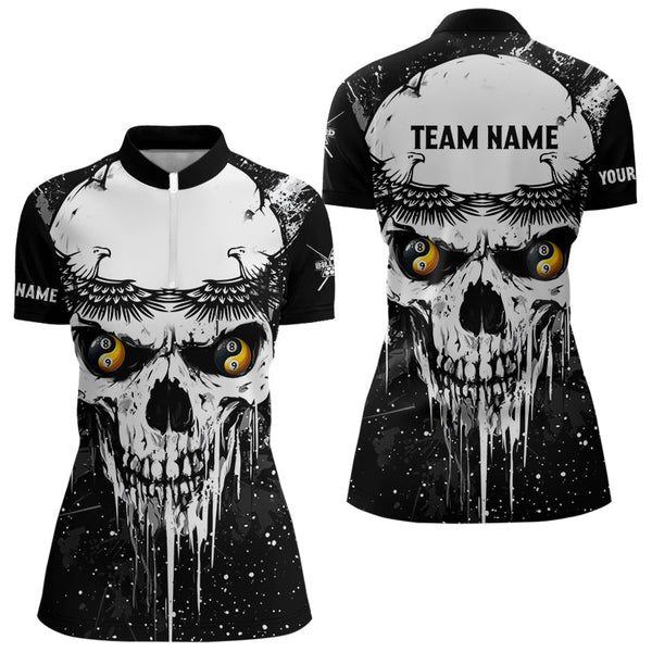 Personalized Black White Grunge Skull Ying And Yang Eyes Women Billiard Shirts, Funny Billiard Jersey TDM3166
