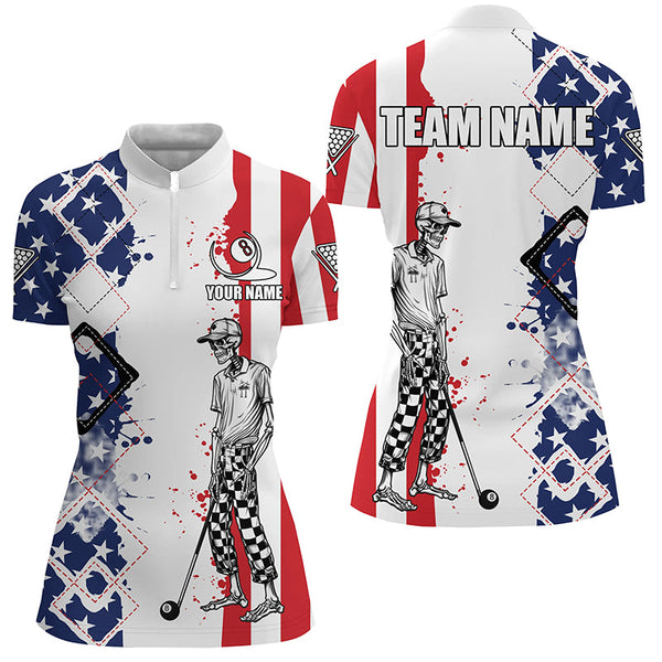 Personalized Argyle US Flag Funny Skeleton Women Billiard Shirts, Patriotic Billiard Team Jerseys TDM1759