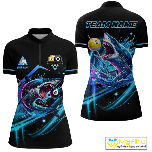 Blue 8 Ball & 9 Ball Pool Billiard Shark Polo & Quarter Zip For Women Custom Team Billiard Jerseys TDM3853