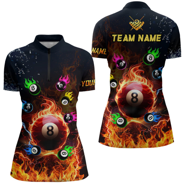 Personalized Colorful 8 Ball Fire 3D Women Polo & Quarter-Zip Shirts, Team League Billiard Jerseys TDM1770
