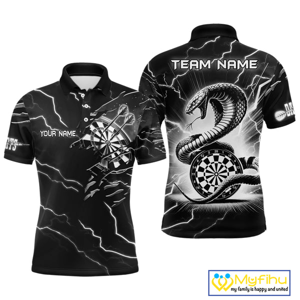 Custom Men's Dart Shirt – Black & White Lightning Cobra Design – Personalized Dart Team Jersey TDM3882