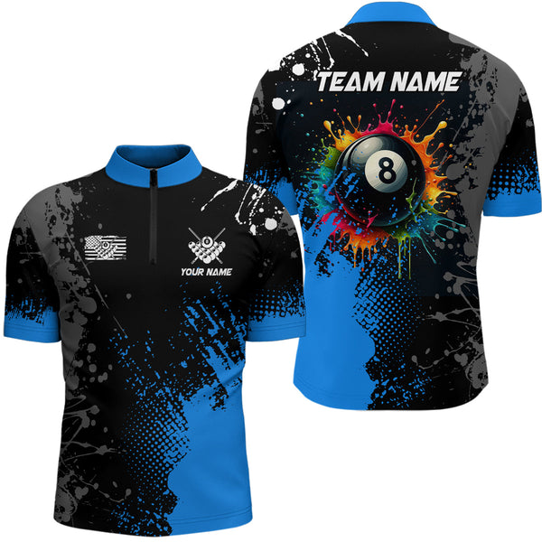 Personalized Grunge Paint Colorful 8 Ball Pool Billiard Shirts For Men Custom Billiard Jersey |Blue TDM2196
