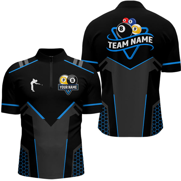 Personalized 8 Ball & 9 Ball Pool Billiard Polo, 1/4 Zip For Men Custom Team Billiard Jerseys |Blue TDM3547