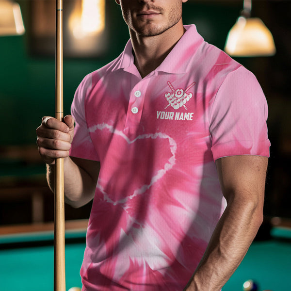 Personalized Pink Tie Dye Heart US Flag Men Billiard Shirts, Billiard Valentines Day Shirt Gifts TDM3430
