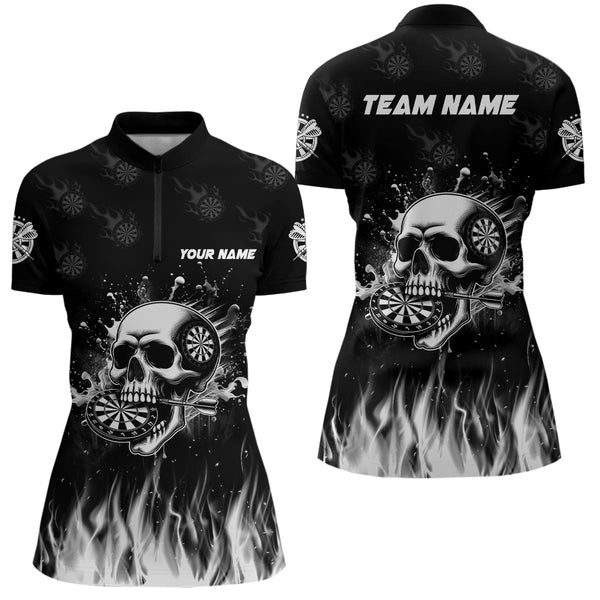 Funny Skull Fire Black Darts Polo And Quarter-Zip Shirts For Women Custom Darts Team Jerseys TDM2242