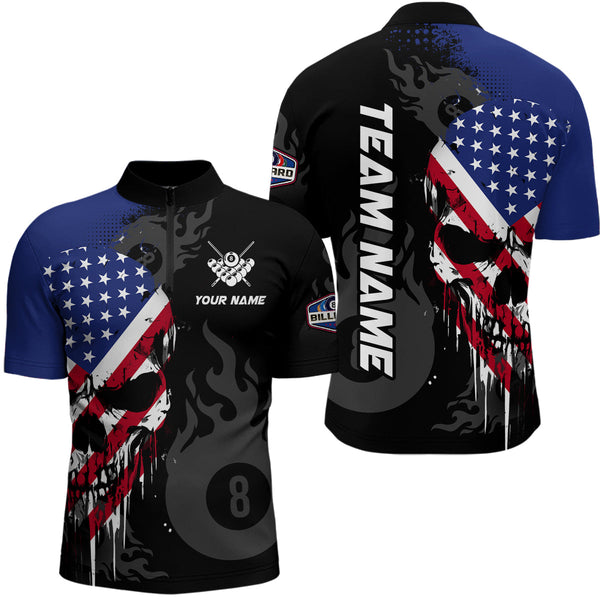Grunge American Flag Skull 8 Ball Pool Custom Men Billiard Shirts, Patriotic Billiard Team Jerseys  TDM3249
