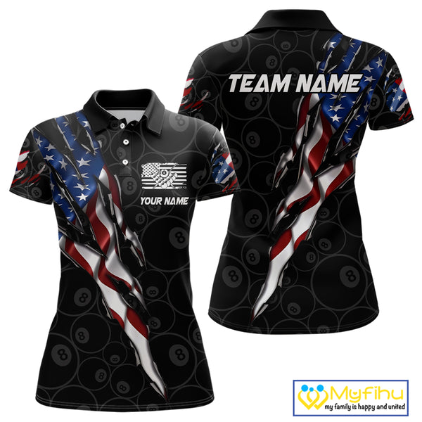 American Flag Scratch Billiard Shirt For Women, Custom 8 Ball Pool Team Jersey Polo & 1/4 Zip TDM4030