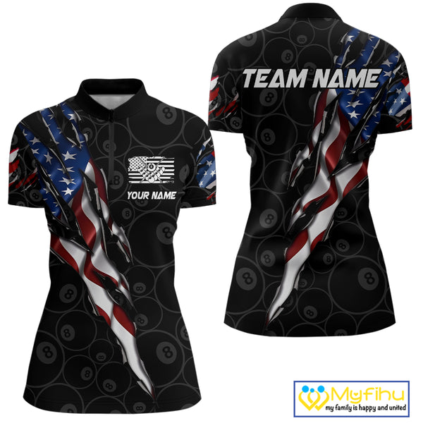 American Flag Scratch Billiard Shirt For Women, Custom 8 Ball Pool Team Jersey Polo & 1/4 Zip TDM4030