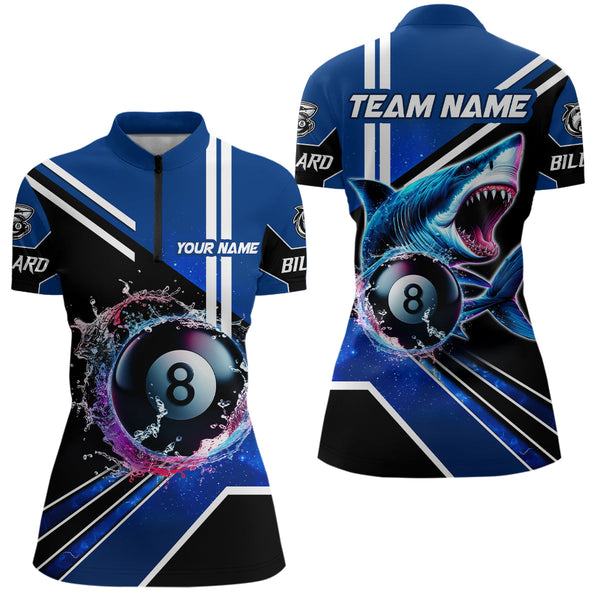 Blue 8 Ball Pool Billiard Shark Polo & Quarter Zip Women Billiard Shirt Custom Shark Billiard Jersey TDM3272