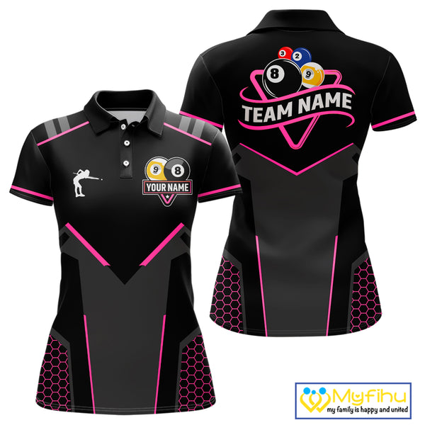 Personalized 8 Ball & 9 Ball Pool Billiard Polo, 1/4 Zip For Women Custom Team Billiard Jersey|Pink TDM4048