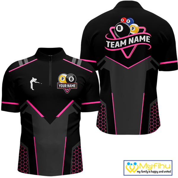 Personalized 8 Ball & 9 Ball Pool Billiard Polo, 1/4 Zip For Men Custom Team Billiard Jersey|Pink TDM4048