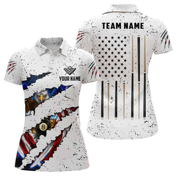 Custom Eagle American Flag White Grunge Billiard Shirts For Women, Patriotic Billiard Team Jerseys TDM2317
