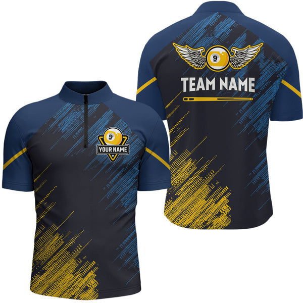 Personalized Blue Yellow 9 Ball Pool Wings Men's Billiard Shirts, 9 Ball Billiard Team Shirt Jersey TDM3776