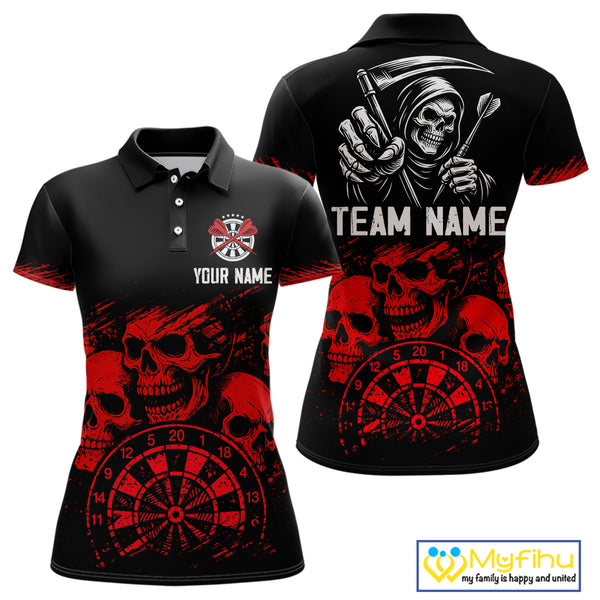 Custom Women's Grim Reaper Dart Shirt – Black Red Grunge Darts Jersey Team Polo & Quarter Zip Styles TDM4067