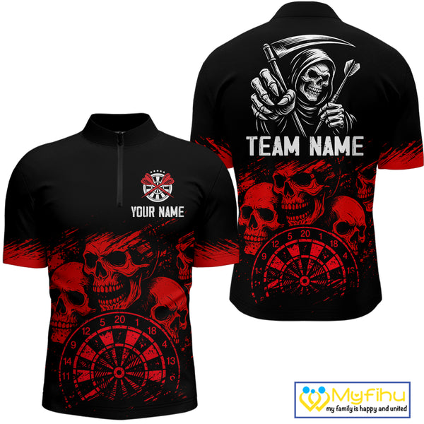 Custom Men's Grim Reaper Dart Shirt – Black Red Grunge Darts Jersey Team Polo & Quarter Zip Styles TDM4067