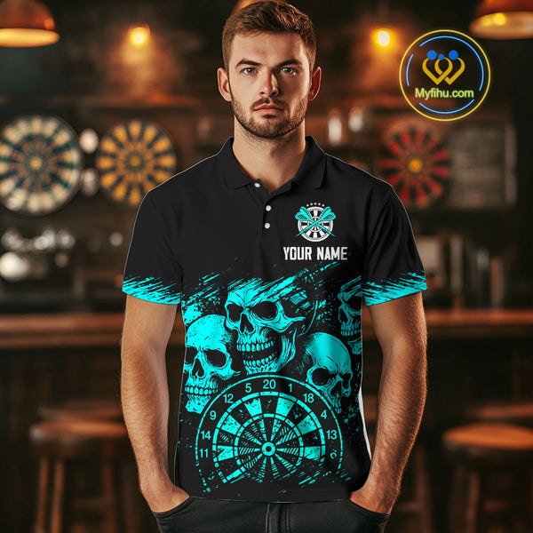 Custom Men's Grim Reaper Dart Shirt – Black Cyan Grunge Dart Jersey Team Polo & Quarter Zip Style TDM4068