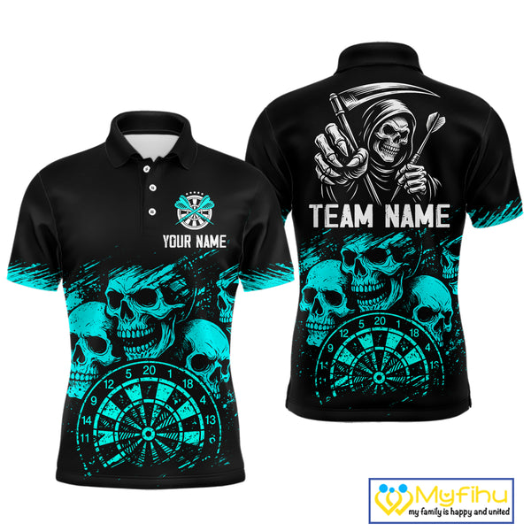 Custom Men's Grim Reaper Dart Shirt – Black Cyan Grunge Dart Jersey Team Polo & Quarter Zip Style TDM4068