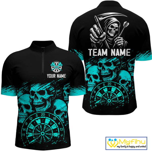 Custom Men's Grim Reaper Dart Shirt – Black Cyan Grunge Dart Jersey Team Polo & Quarter Zip Style TDM4068