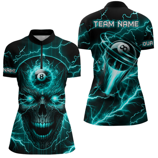 Personalized Skull Billiard Polo Shirts For Women Custom Name 8 Ball Pool Billiard Jerseys |Turquoise TDM1533