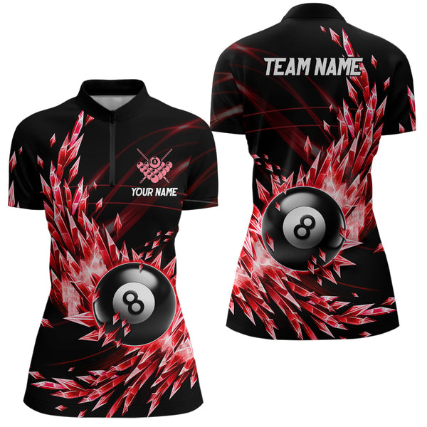 3D Red Frozen Ice Custom Women Billiard Polo & Quarter-Zip Shirts, 8 Ball Pool Billiard Attire Jersey TDM1705