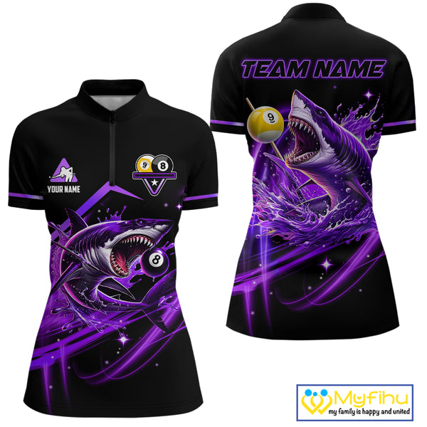 Purple 8 Ball & 9 Ball Pool Billiard Shark Polo & Quarter Zip For Women Custom Team Billiard Jerseys TDM4088