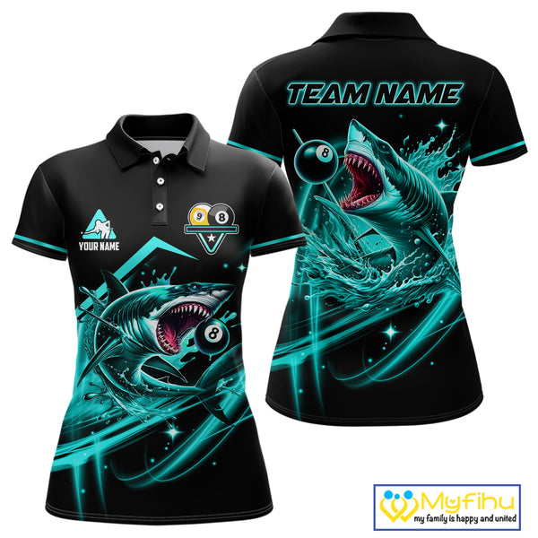 Turquoise 8 Ball & 9 Ball Pool Billiard Shark Polo & 1/4 Zip For Women Custom Team Billiard Jerseys TDM4089