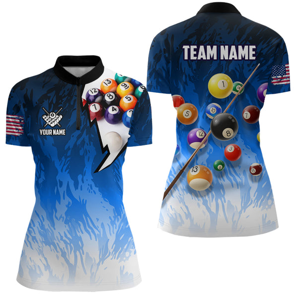 Personalized Blue Pool Player Billiard 8 Ball Polo & 1/4 Zip For Women Custom Billiard Shirts Jerseys TDM3656