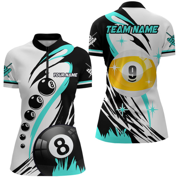 Personalized Billiard 8 Ball & 9 Ball Pool Shirts For Women Custom Billiard Team Jerseys | Turquoise TDM2410