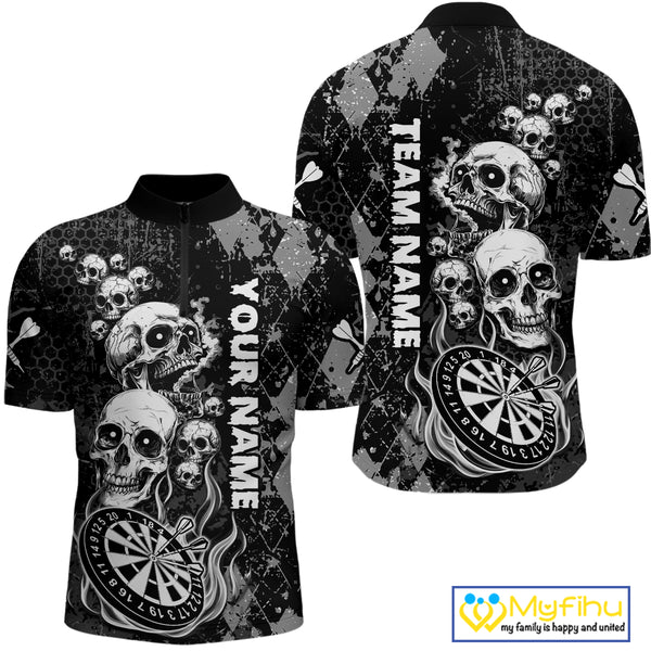 Black Grey Grunge Argyle Skull Dart Shirts Custom Men's Dart Jerseys Team Polo & Quarter Zip TDM3836