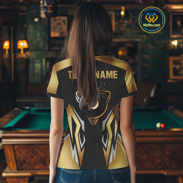 Black And Golden 8 Ball Pool Crown Billiard Shirt For Women Custom Billiard Jersey Polo & 1/4 Zip TDM4321