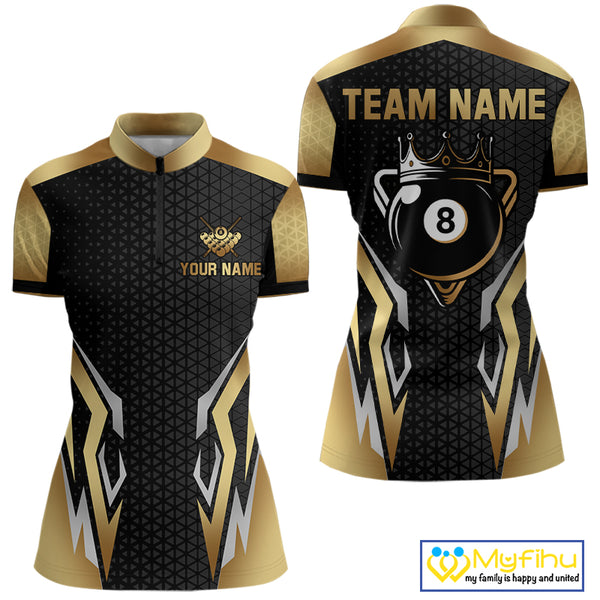 Black And Golden 8 Ball Pool Crown Billiard Shirt For Women Custom Billiard Jersey Polo & 1/4 Zip TDM4321