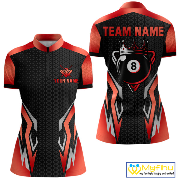 Black And Red 8 Ball Pool Crown Billiard Shirt For Women Custom Billiard Jersey Team Polo & 1/4 Zip TDM4322