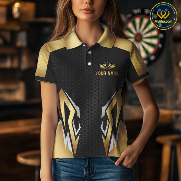Black And Golden Crown Darts Shirt For Women Custom Darts Jerseys Team Polo & Quarter Zip Uniform TDM4324
