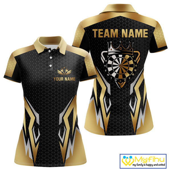 Black And Golden Crown Darts Shirt For Women Custom Darts Jerseys Team Polo & Quarter Zip Uniform TDM4324