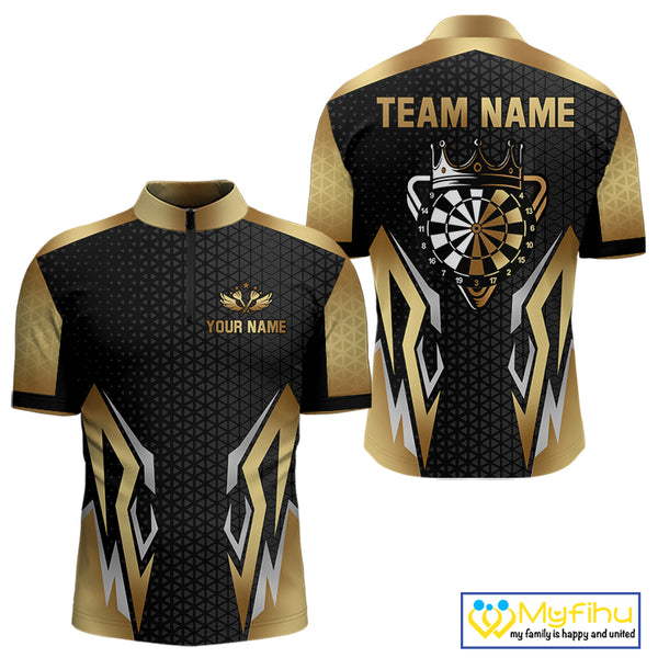 Black And Golden Crown Darts Shirt For Men Custom Darts Jerseys Team Polo & Quarter Zip Uniform TDM4324