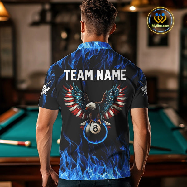 Blue Flaming American Flag Eagle 8 Ball Billiard Shirt For Men Custom Patriotic Pool Team Jersey TDM4328