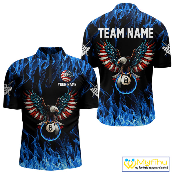 Blue Flaming American Flag Eagle 8 Ball Billiard Shirt For Men Custom Patriotic Pool Team Jersey TDM4328