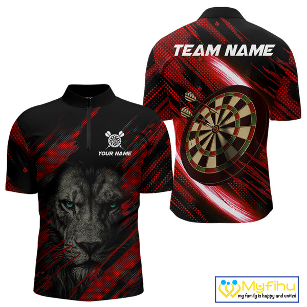 Personalized Red & Black Lion Dart Shirt For Men Custom Light Dartboard Team Jersey Polo & 1/4 Zip TDM4334