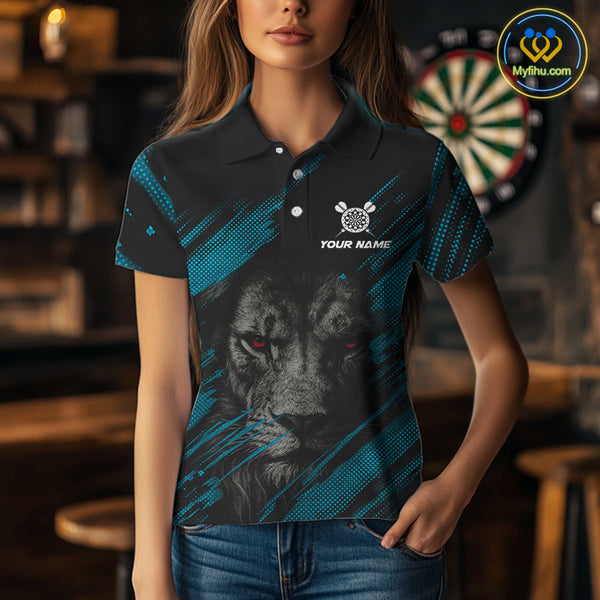 Personalized Cyan & Black Lion Darts Shirt For Women Custom Light Dartboard Jersey Polo & 1/4 Zip TDM4335