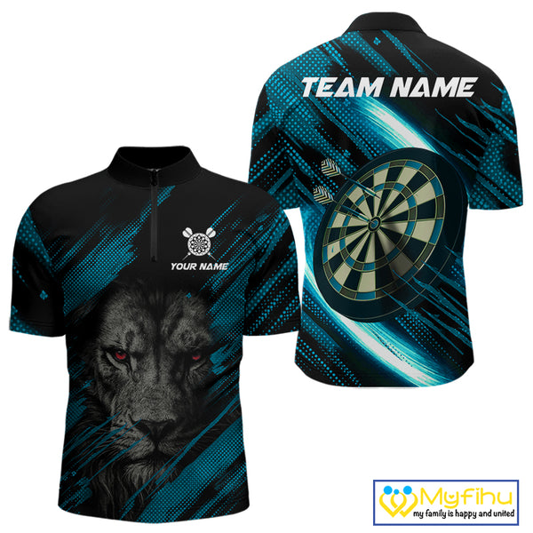 Personalized Cyan & Black Lion Darts Shirt For Men Custom Light Dartboard Jersey Polo & 1/4 Zip TDM4335