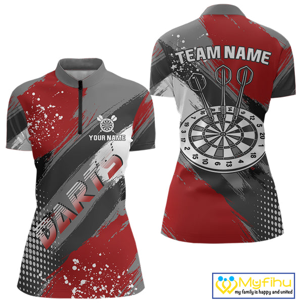 Personalized Red And Grey Grunge Darts Shirt For Women Custom Darts Jerseys Team Polo & Quarter Zip TDM4337