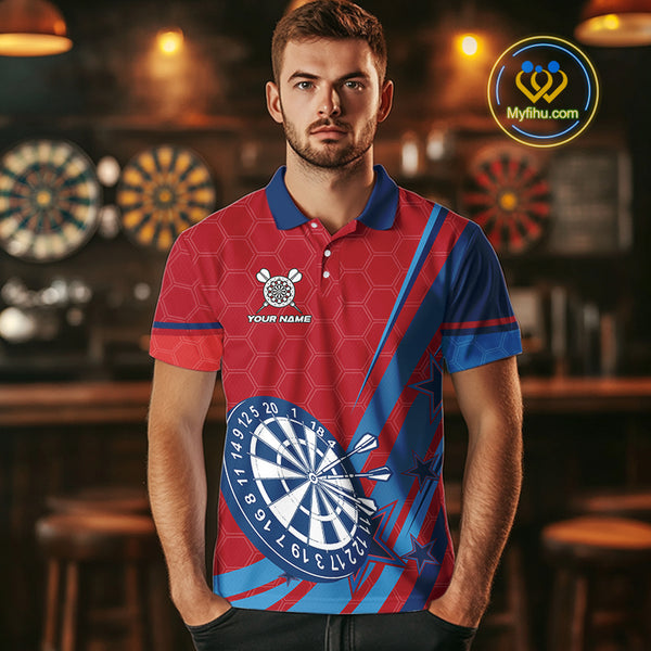 Red And Blue Stars Darts Shirt For Men Custom Dartboard Jerseys Team Polo & 1/4 Zip, Darts Outfit TDM4357