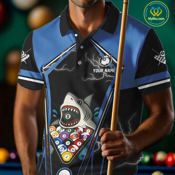 Black Blue Funny Pool And Shark Billiard Shirts For Men Custom 8 Ball Billiard Team Jerseys TDM4081