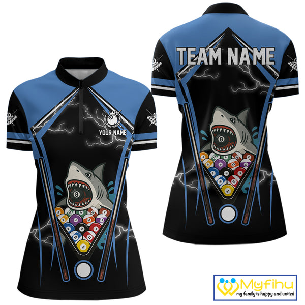 Black Blue Funny Pool And Shark Billiard Shirts For Women Custom 8 Ball Billiard Team Jerseys TDM4081