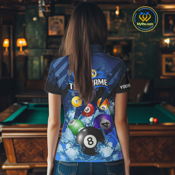 Blue Billiard Jerseys For Women Custom 3D Pool Balls Billiard Shirts Team Polo & Quarter Zip TDM4087
