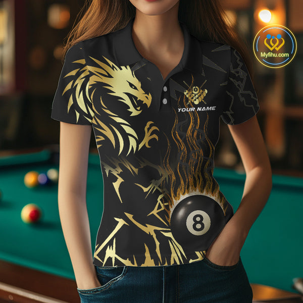 Black And Gold Flame 8 Ball Pool Shirt For Women Custom Dragon Billiards Team Jersey Polo & 1/4 Zip TDM4103